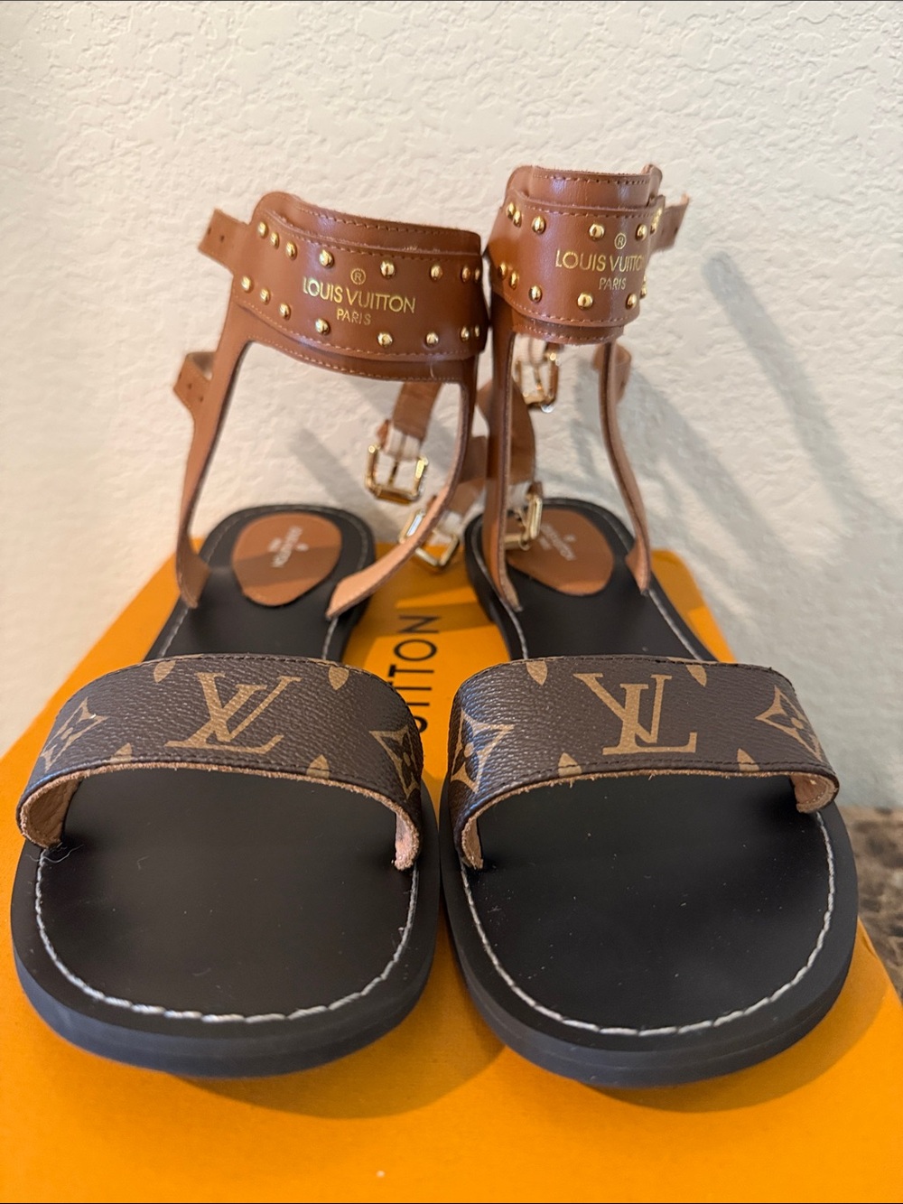 Louis Vuitton Brown & Black Monogram T-Strap Studded Sandals